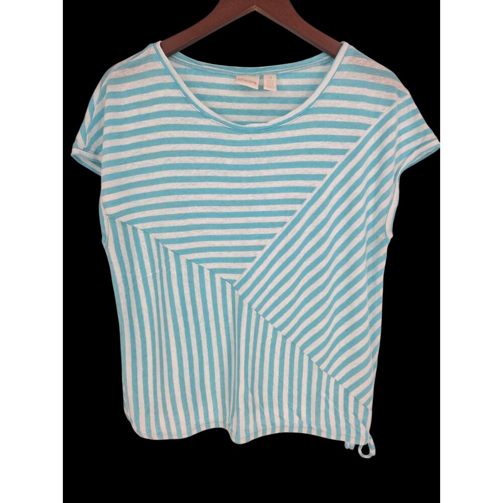 Chico's Blue White Striped Linen Modal Blouse Women's L (Vanity Size 2)